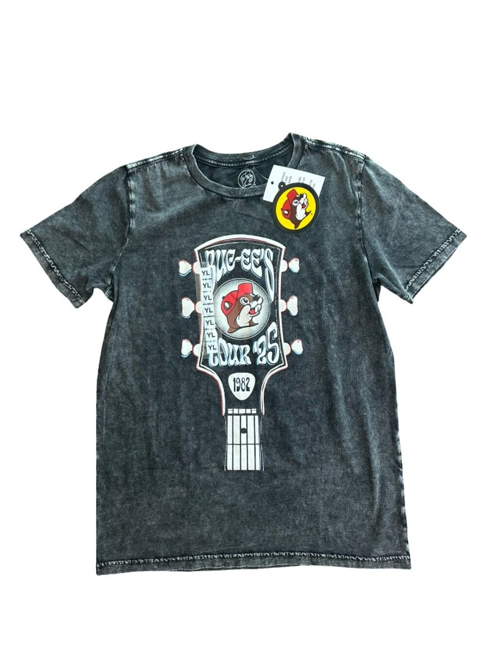 Buc-ee's T-Shirt Youth L Gray Acid Wash Tour '25 Guitar Graphic Short Sleeve Tee
